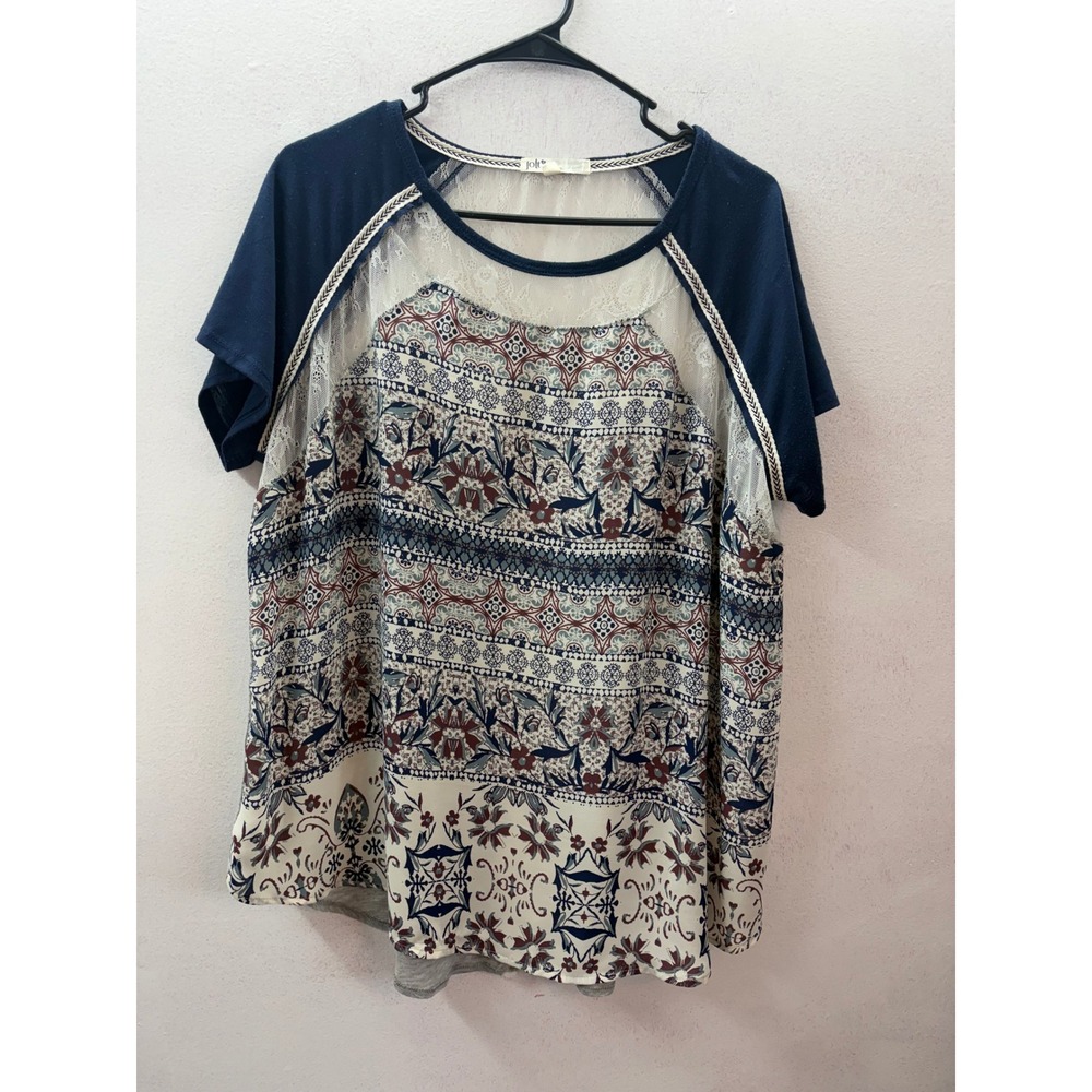 Jolt Womens 2X Mixed Media Lace Floral Print Raglan Top Navy Grey JEP6530DD8